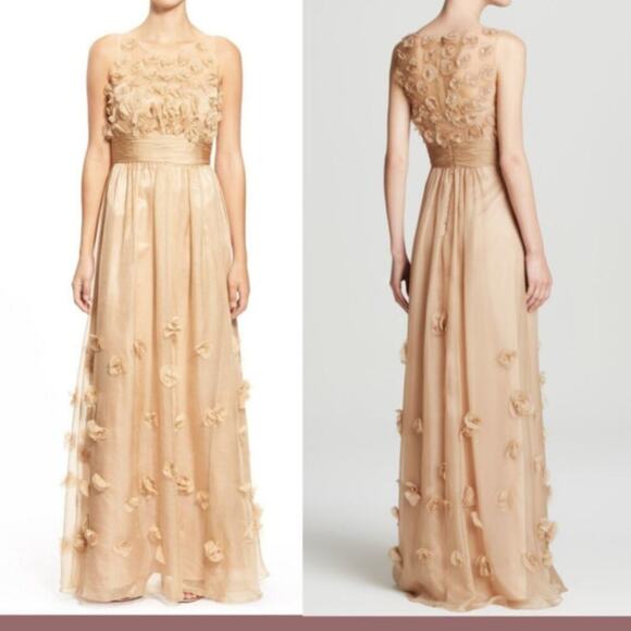 JS Collections Champagne Floral Appliqué Gown Size 6 - Picture 1 of 11